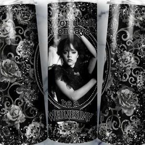 Wednesday Addams Themed 20 oz Skinny Tumbler With Lid and Straw